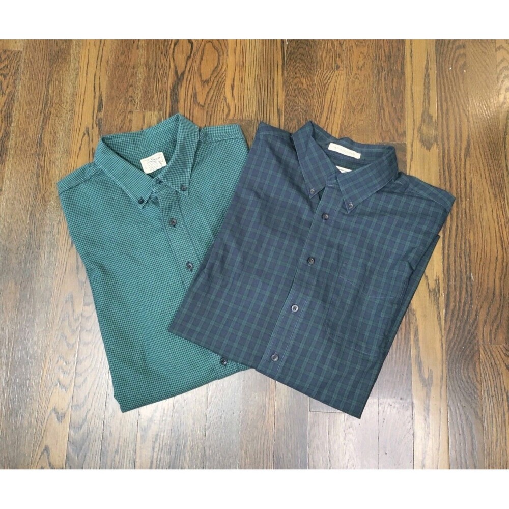 Lot Of 2 L.L. Bean Button Down Shirts Men's XL Plaid Houndstooth Blue Green EUC